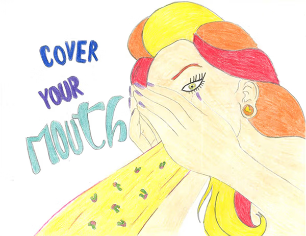 art of woman covering her mouth and coughing