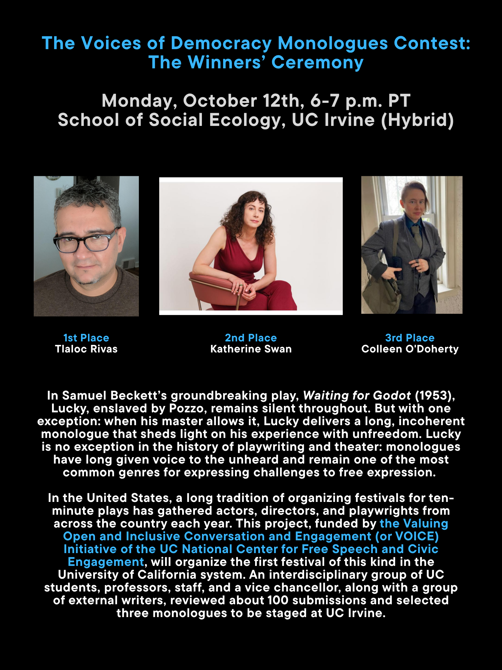 This is a flier for The Voices of Democracy: A Festival of 10-Minute Monologues