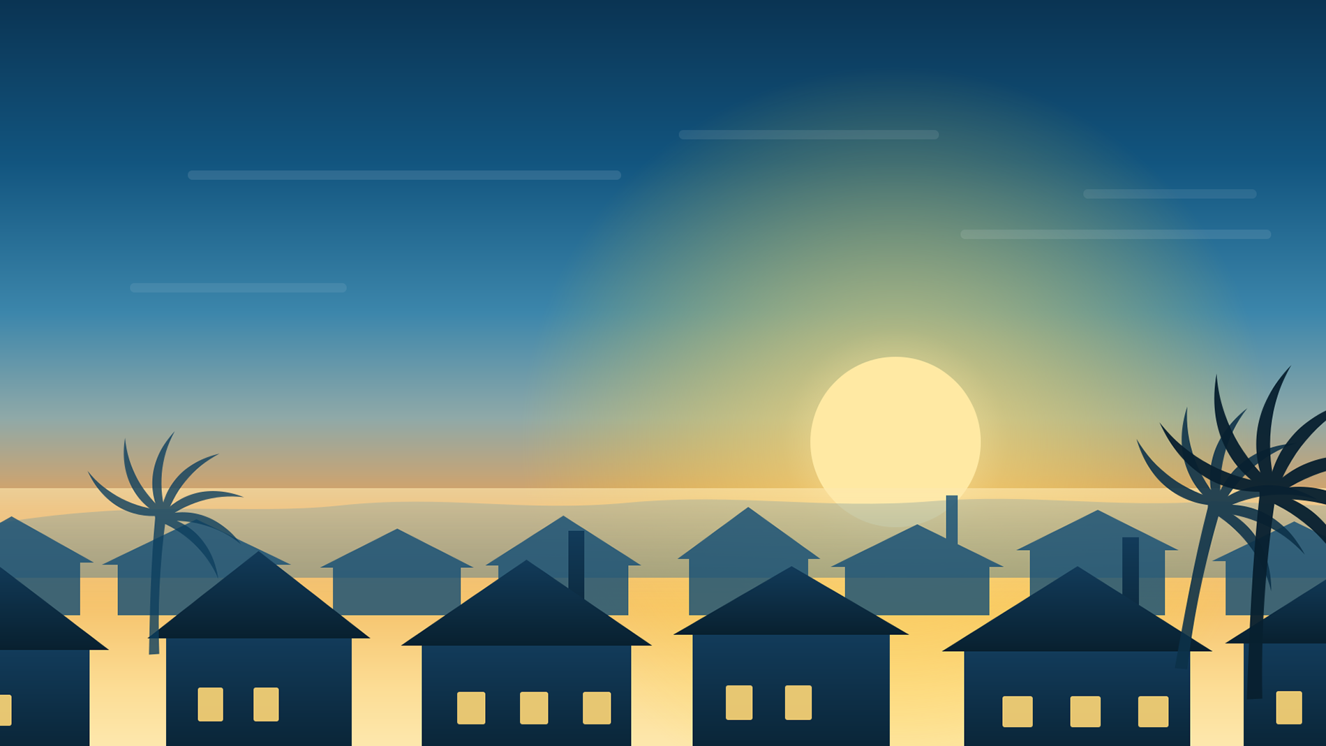 illustration of homes against a sunset
