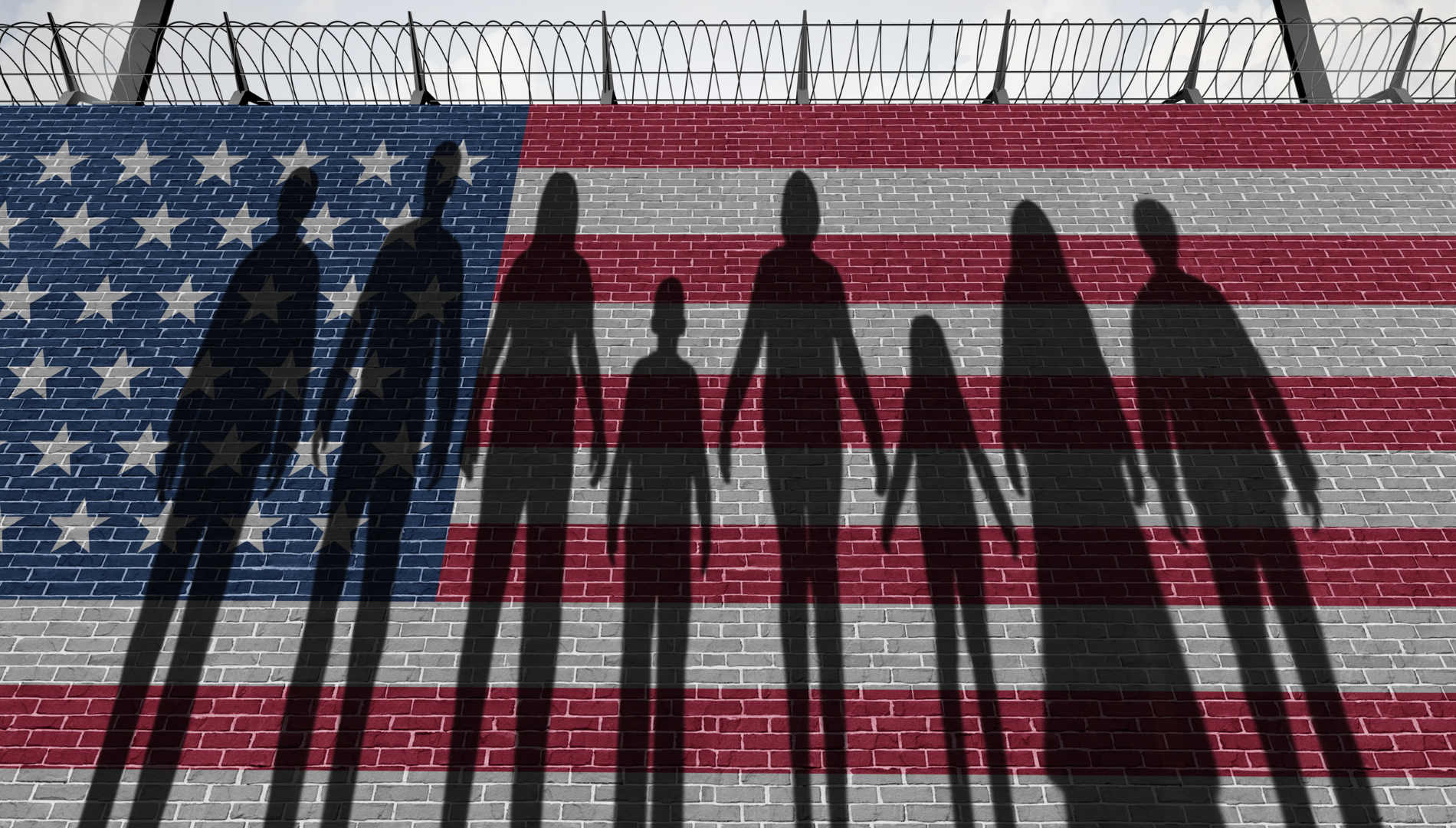 american flag with barbed wire and silhouette of people holding hands    