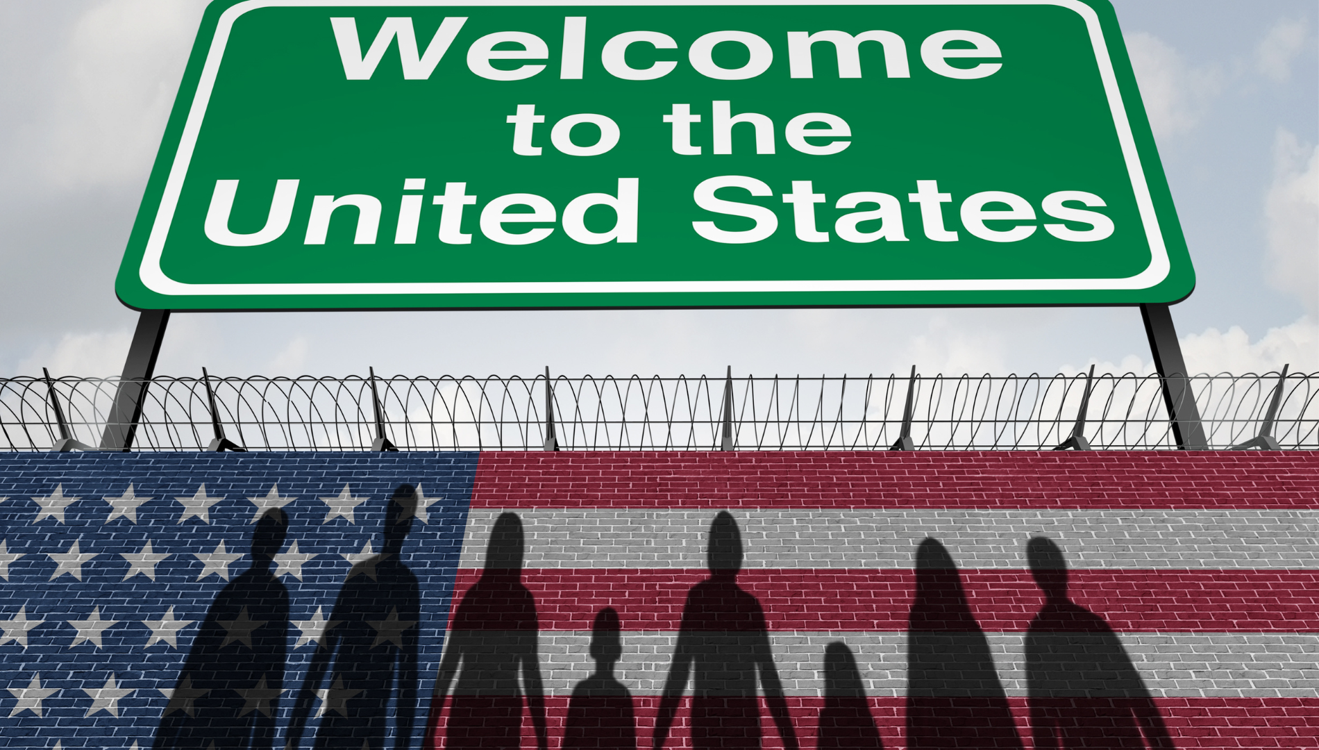 welcome to US sign with flag and barbed wire