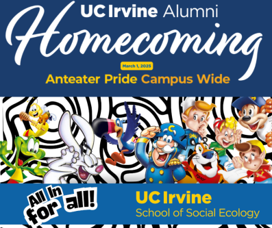 This is a split image of the banners for the 2025 UC Irvine Homecoming and the School of Social Ecology All in for All promotion.