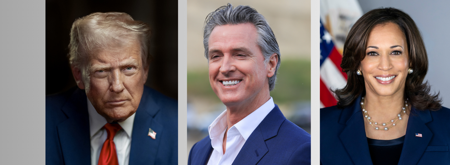 Donald Trump, Gavin Newsom and Kamala Harris
